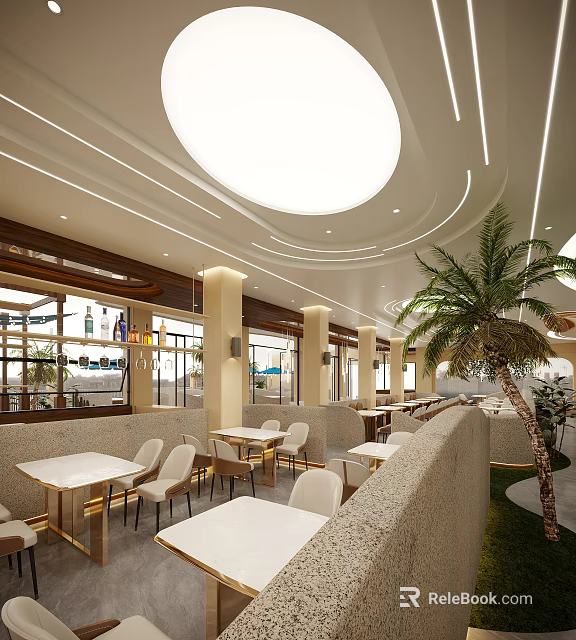 Modern Restaurant Interior Design With Round Ceiling Lights White Tables Beige Chairs And Palm Tree 3d model 