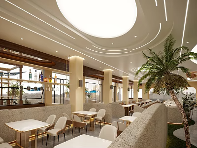 Modern Restaurant Interior Design With Round Ceiling Lights White Tables Beige Chairs And Palm Tree 3d model