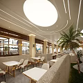 Modern Restaurant Interior Design With Round Ceiling Lights White Tables Beige Chairs And Palm Tree