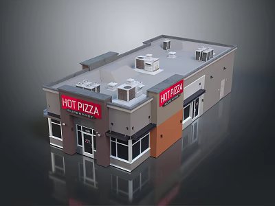 Cartoon Scene Of Hot Pizza Restaurant Building Exterior With Sign Windows Doors And Roof Units 3d model