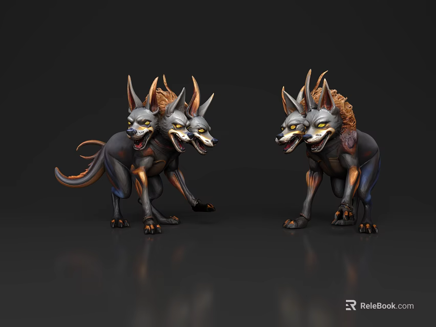 3D Rendered Multiple Headed Reptile Wolf Like Body Gold Black Standing Dark Background 3d model 