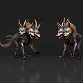 3D Rendered Multiple Headed Reptile Wolf Like Body Gold Black Standing Dark Background