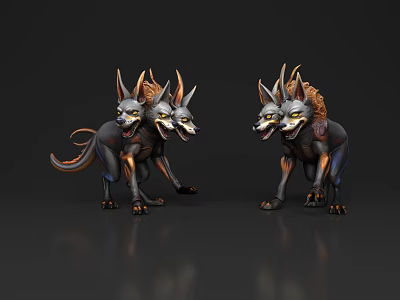 3D Rendered Multiple Headed Reptile Wolf Like Body Gold Black Standing Dark Background 3d model