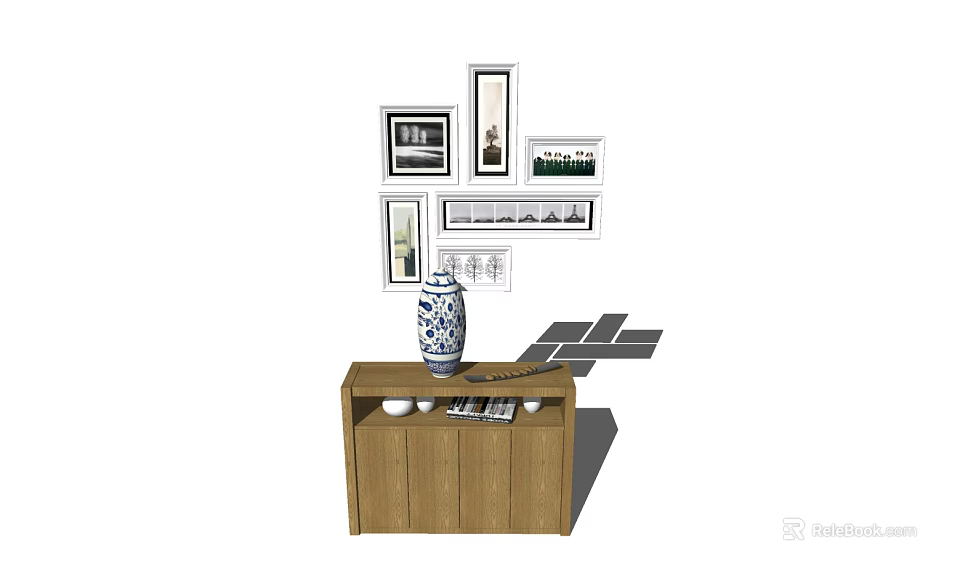 Wooden Decorative Cabinet With Blue And White Vase White Bowls And Wall Frames 3d model 