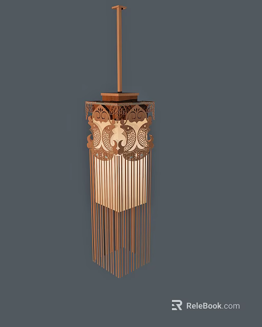 Traditional Carved Pendant Light With Intricate Patterns And Hanging Tassel Details 3d model 