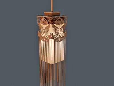 Traditional Carved Pendant Light With Intricate Patterns And Hanging Tassel Details 3d model