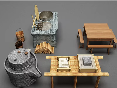 Traditional Agricultural Equipment With Stone Mill Wooden Table Firewood And Stone Stove 3d model