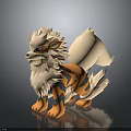 3D Mythical Fox Character Standing With White Fur Orange Body Blue Stripes And Fluffy Tail