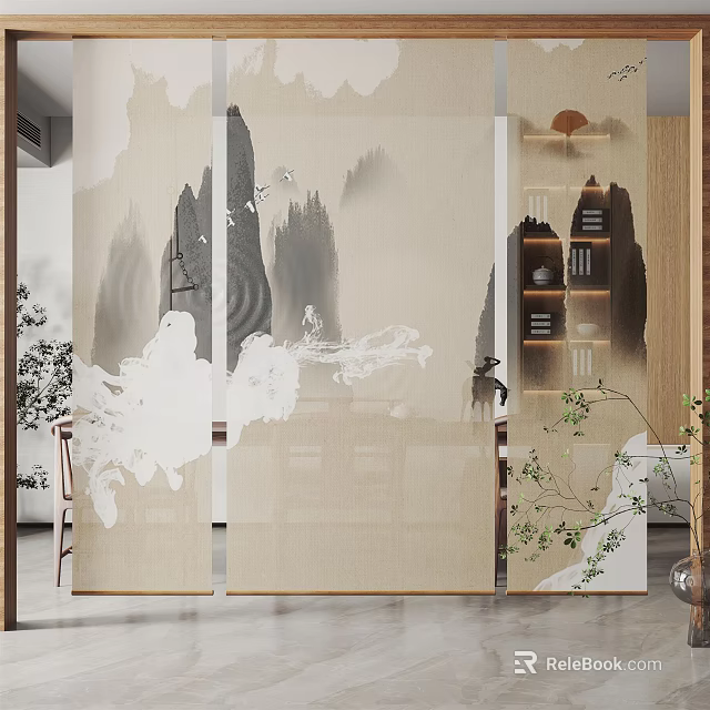 Elegant Chinese Ink Wash Landscape Curtains With Screen Panel Design For Home Interior 3d model 