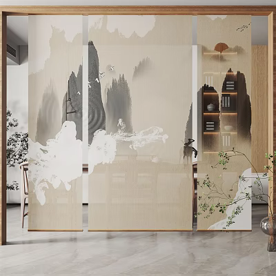 Elegant Chinese Ink Wash Landscape Curtains With Screen Panel Design For Home Interior 3d model