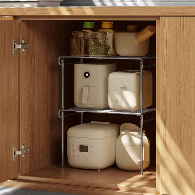 Wooden Cabinet Storage With Metal Rack And Small Appliances 3d model