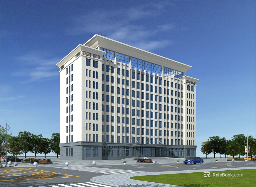 Modern Office Building With Light Colored Facade Large Windows And Surrounding Greenery 3d model