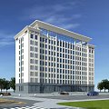 Modern Office Building With Light Colored Facade Large Windows And Surrounding Greenery 3d model