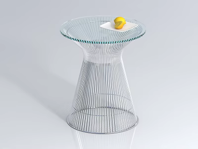 Modern Glass Top Coffee Table with Metal Wire Frame Featuring Yellow Fruit and White Napkin 3d model