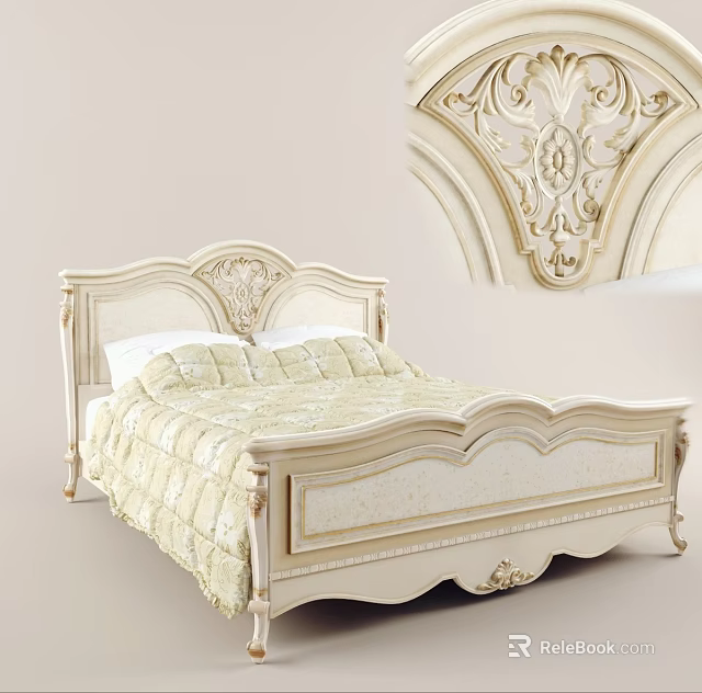 Classic Cream White Double Bed With Ornate Carved Headboard And Footboard 3d model 