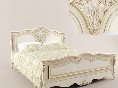 Classic Cream White Double Bed With Ornate Carved Headboard And Footboard 3d model