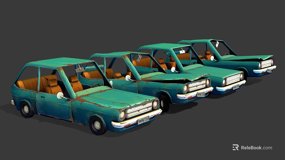 Vintage Green Small Cars Lined Up With Retro Design And Classic Features 3d model 