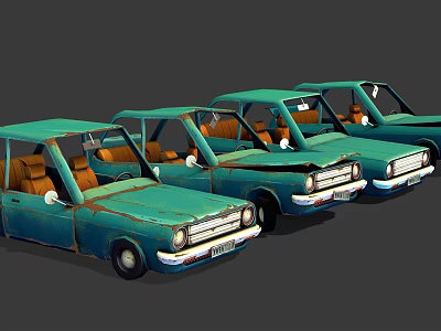 Vintage Green Small Cars Lined Up With Retro Design And Classic Features 3d model