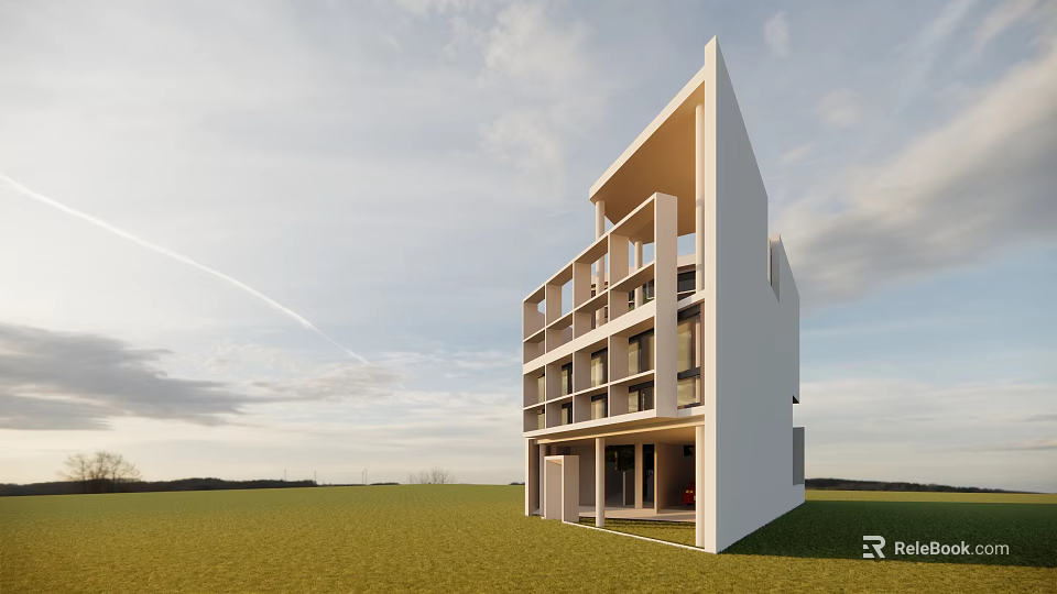 Modern Detached Villa with White Exterior Multi Story Balconies in Green Grass Field 3d model 