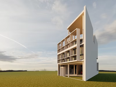Modern Detached Villa with White Exterior Multi Story Balconies in Green Grass Field 3d model