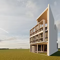 Modern Detached Villa with White Exterior Multi Story Balconies in Green Grass Field