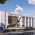 Modern Office Building Exterior With Glass Curtain Walls Wooden Accents Pedestrians And Greenery