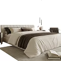 Modern Double Bed with White Brown Sheets Nightstand Chair and Open Books on Rug