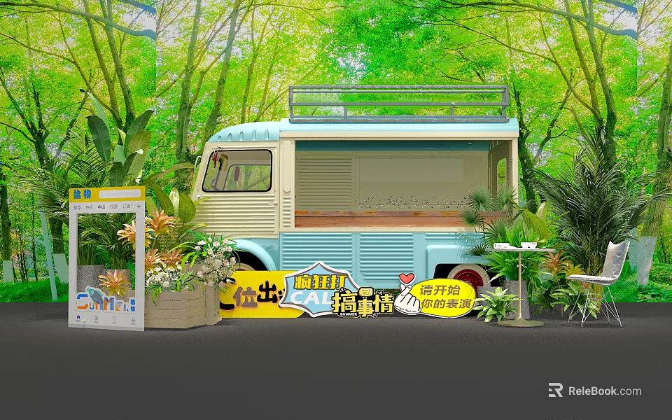 Light Blue Beige Food Truck With Wooden Counter In Lush Green Foliage Surroundings 3d model 