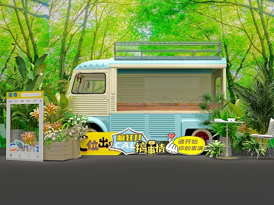 Light Blue Beige Food Truck With Wooden Counter In Lush Green Foliage Surroundings 3d model