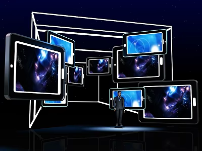 Digital Activity Channel With Multiple Interactive Screens And Night Sky Design 3d model
