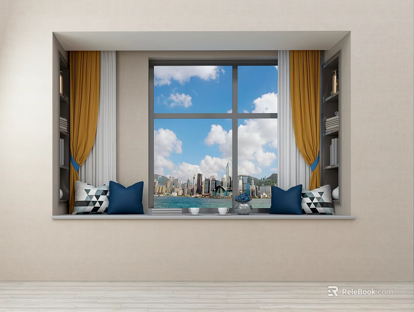 Bay Window With Yellow Curtains Blue Cushions And City View Sky 3d model 