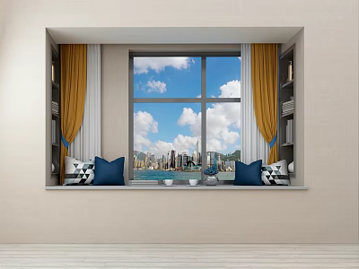 Bay Window With Yellow Curtains Blue Cushions And City View Sky 3d model