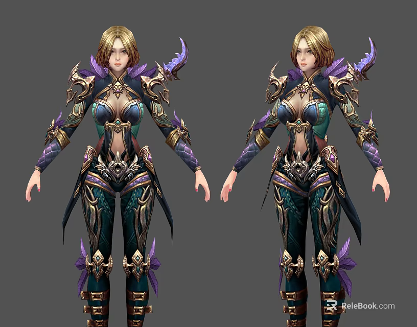Game and Movie Female Warrior Character With Elaborate Purple Gold Armor And Golden Hair 3d model 