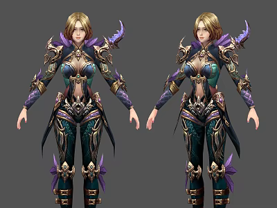 Game and Movie Female Warrior Character With Elaborate Purple Gold Armor And Golden Hair 3d model