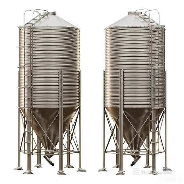 Industrial Silver Metal Storage Silos With Conical Base And Support Structures 3d model 