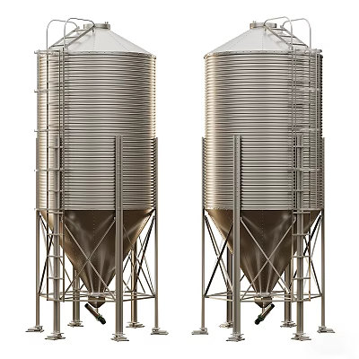 Industrial Silver Metal Storage Silos With Conical Base And Support Structures 3d model