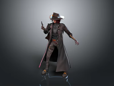 Man Wearing Cowboy Hat And Long Coat Holding Gun In 3D Rendered Standing Pose 3d model
