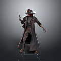 Man Wearing Cowboy Hat And Long Coat Holding Gun In 3D Rendered Standing Pose