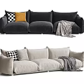 Modern Black And Beige Three Seater Sofa With Checkerboard Yellow Gray Pillows And Blanket