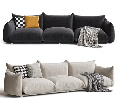 Modern Black And Beige Three Seater Sofa With Checkerboard Yellow Gray Pillows And Blanket 3d model