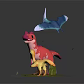 Cartoon Dinosaur Characters Pink T Rex Yellow Small Dino And Blue Pterodactyl On Green Grassland