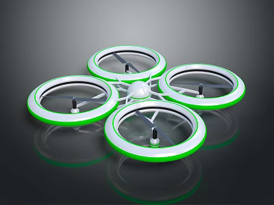 Futuristic Quadcopter Drone With Green Rimmed Circular Frames And Propellers 3d model
