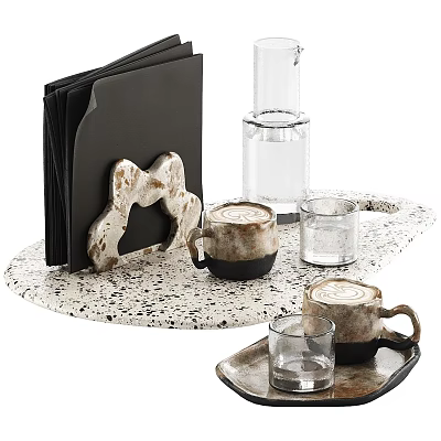 Speckled Marble Tray Decorative Ornament Set With Coffee Mugs Glass Cups And Metallic Holder 3d model