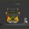 3D Model Green Yellow Bus With Street Lamp Fire Hydrant Manhole Cover On Circular Platform