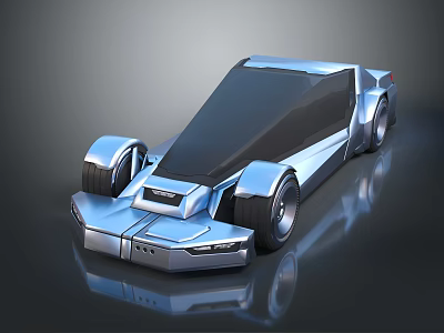 3D Rendered Futuristic Silver Car with Sleek Aerodynamic Design and Large Wheels 3d model