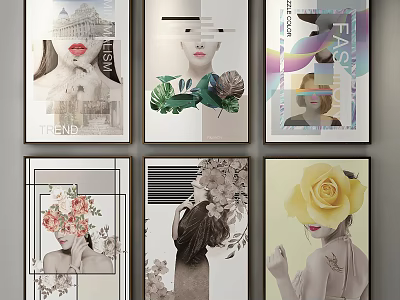 Stylish Portrait Artworks With Floral Geometric And Fashion Elements For Wall Decor 3d model