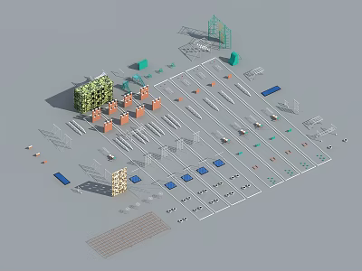 Various Sports Equipment Layout With Training Racks Nets Colored Modules And Court Structures 3d model