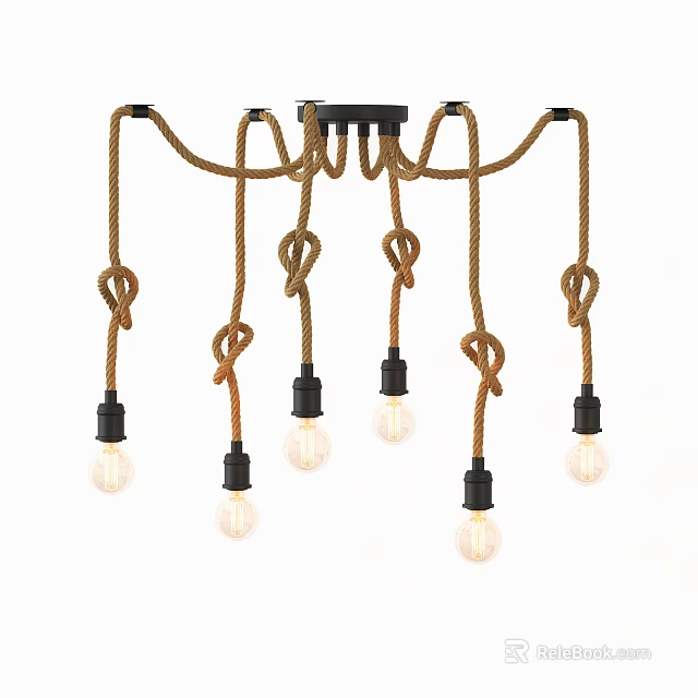Rustic Brown Rope Chandelier Featuring Knots And Clear Bulbs With Black Base 3d model 