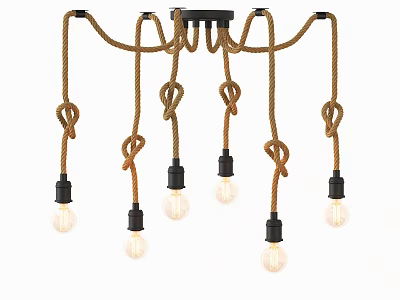 Rustic Brown Rope Chandelier Featuring Knots And Clear Bulbs With Black Base 3d model