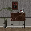 Orange Radiant Sideboard With Circular Accent White Sculpture Red Ball Green Plant Patterned Wallpaper Background